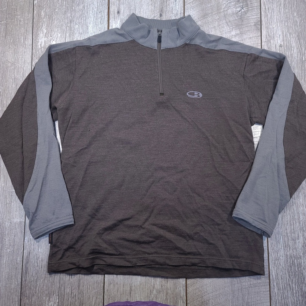 Icebreaker Sport 320 Sweater Men Size Large Brown Merino Wool 1/4 Zip Thumbhole
